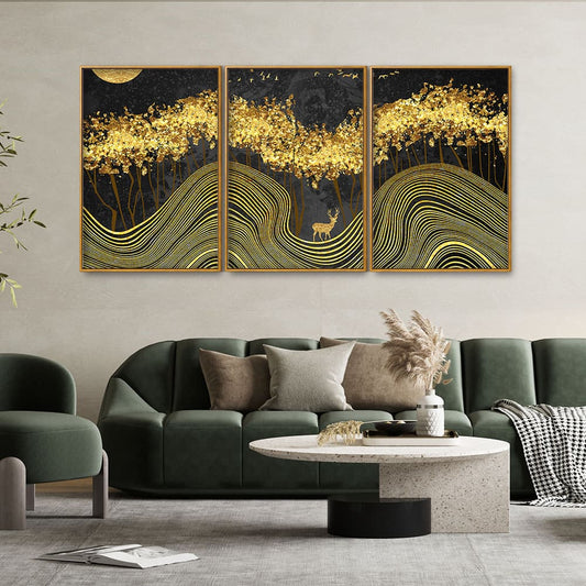 Miraculous Landscape with Golden Deer Texture Art Floating Canvas Wall Painting Set of Three