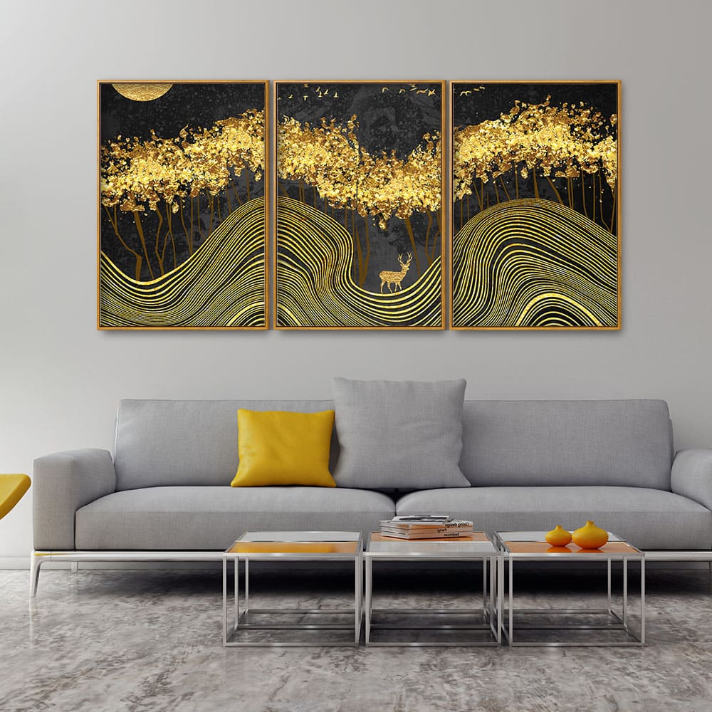 Miraculous Landscape with Golden Deer Texture Art Floating Canvas Wall Painting Set of Three