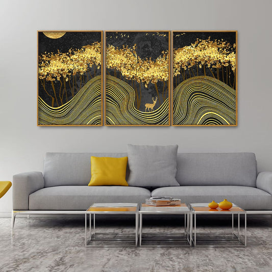 Miraculous Landscape with Golden Deer Texture Art Floating Canvas Wall Painting Set of Three