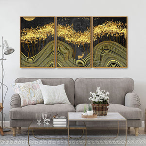 Miraculous Landscape with Golden Deer Texture Art Floating Canvas Wall Painting Set of Three