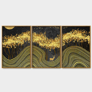 Miraculous Landscape with Golden Deer Texture Art Floating Canvas Wall Painting Set of Three