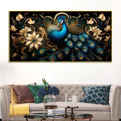 miraculous-royal-peacock-resting-in-a-garden-of-golden-blooms-canvas-wall-painting