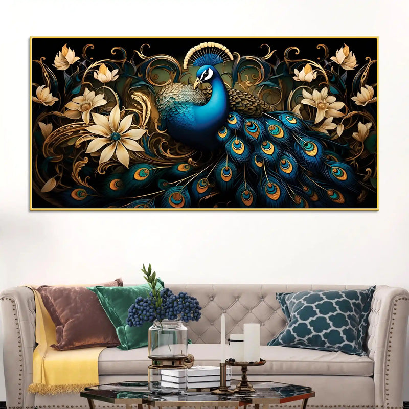 miraculous-royal-peacock-resting-in-a-garden-of-golden-blooms-canvas-wall-painting