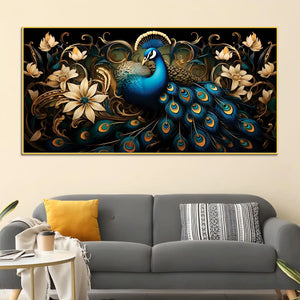 Miraculous Royal Peacock Resting in a Garden of Golden Blooms Canvas Wall Painting