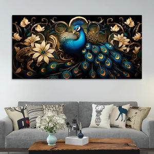 miraculous-royal-peacock-resting-in-a-garden-of-golden-blooms-canvas-wall-painting