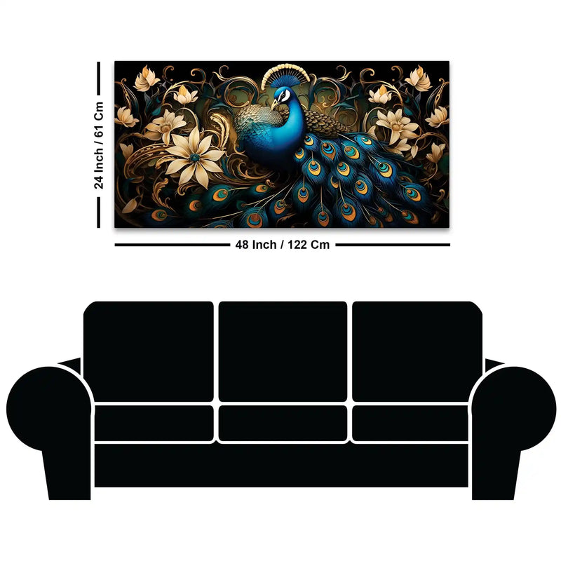 Miraculous Royal Peacock Resting in a Garden of Golden Blooms Canvas Wall Painting