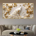 Miraculous White Peacock in Golden Blossoms 3D Canvas Wall Painting
