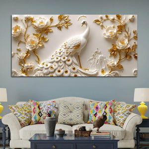 Miraculous White Peacock in Golden Blossoms 3D Canvas Wall Painting
