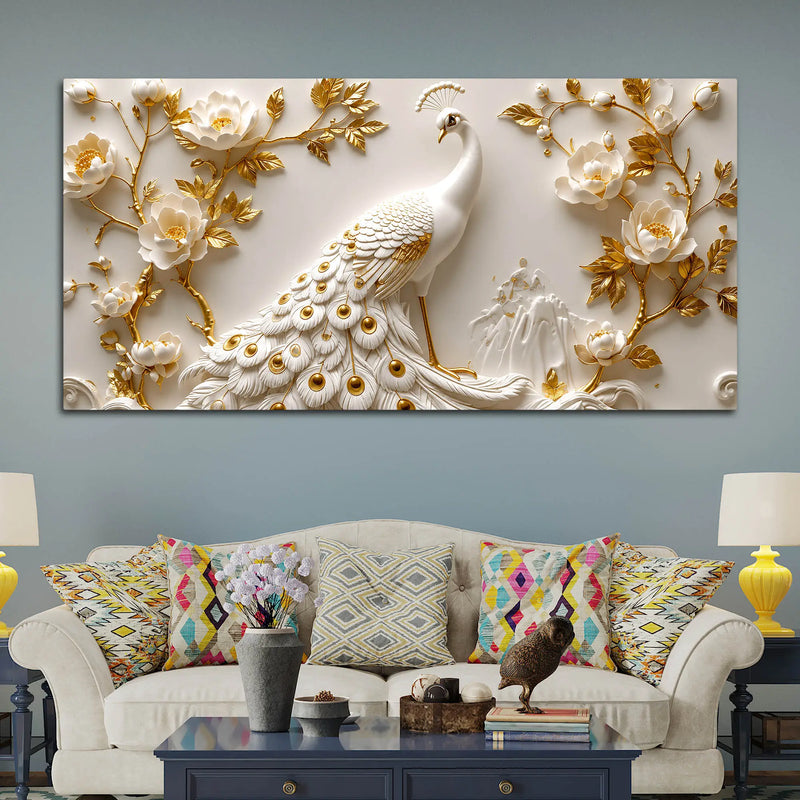 Miraculous White Peacock in Golden Blossoms 3D Canvas Wall Painting