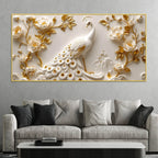 Miraculous White Peacock in Golden Blossoms 3D Canvas Wall Painting