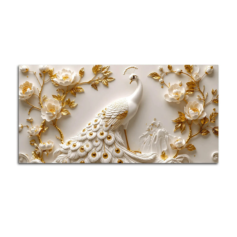 Miraculous White Peacock in Golden Blossoms 3D Canvas Wall Painting