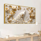 Miraculous White Peacock in Golden Blossoms 3D Canvas Wall Painting