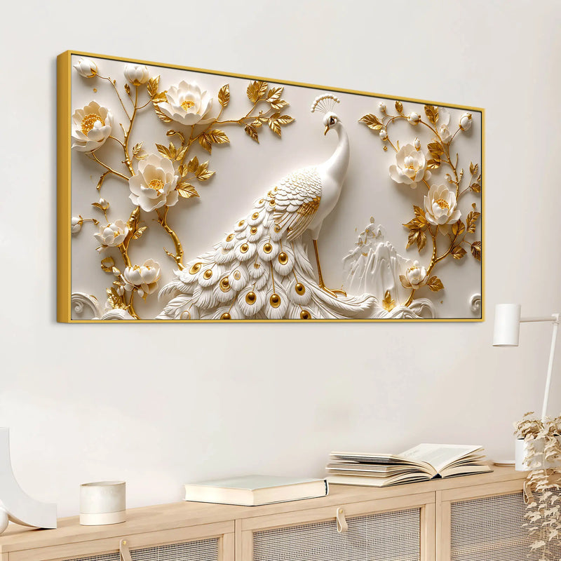 Miraculous White Peacock in Golden Blossoms 3D Canvas Wall Painting