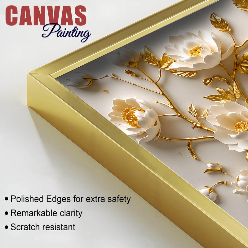 Miraculous White Peacock in Golden Blossoms 3D Canvas Wall Painting