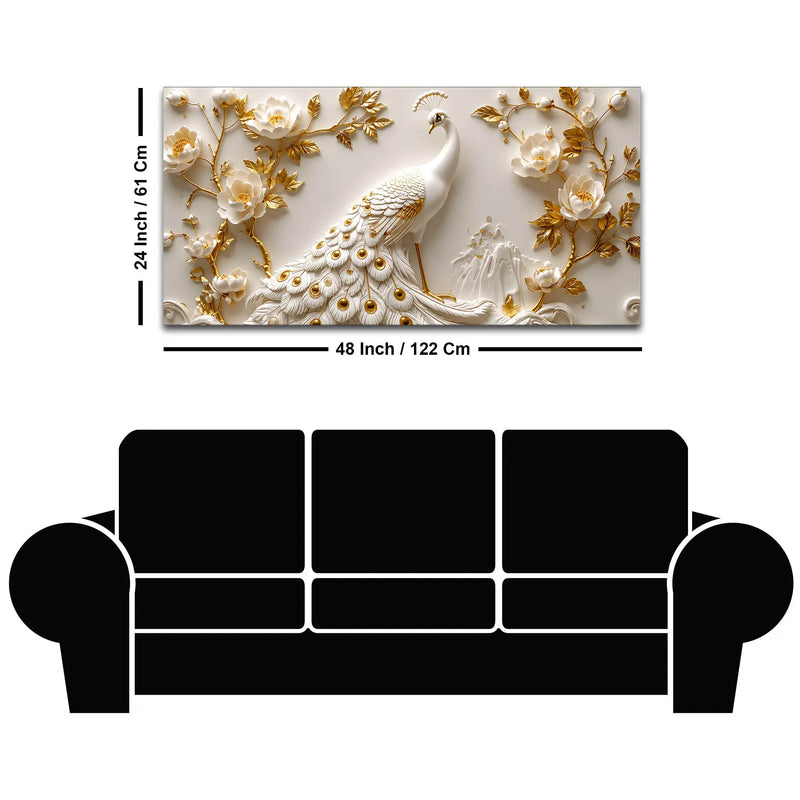 Miraculous White Peacock in Golden Blossoms 3D Canvas Wall Painting