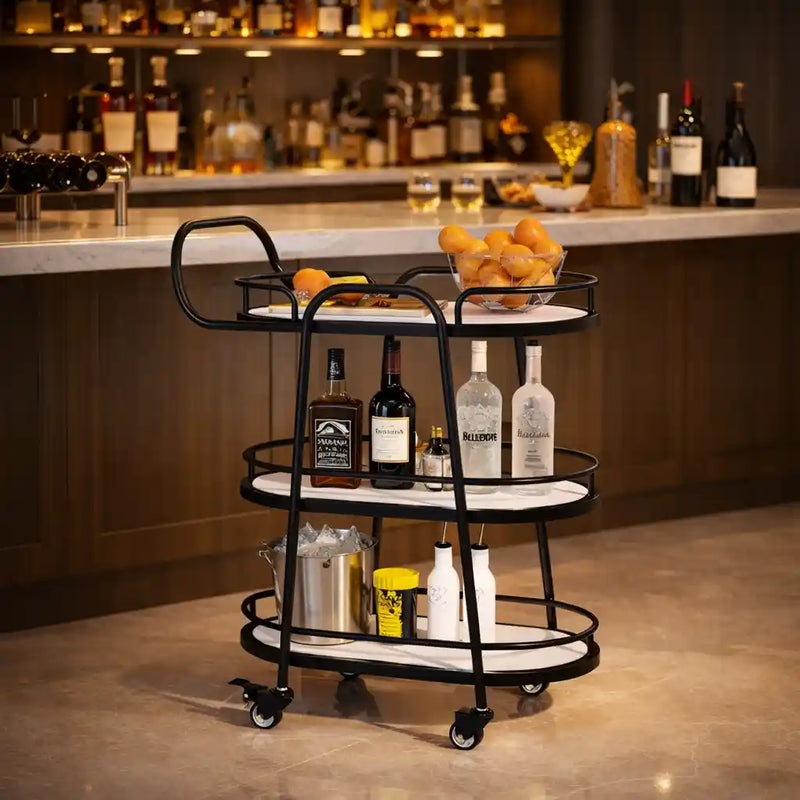 Modern 3-Tier Black Bar Cart with White Shelves
