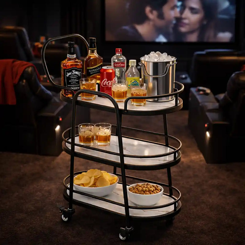 Modern 3-Tier Black Bar Cart with White Shelves