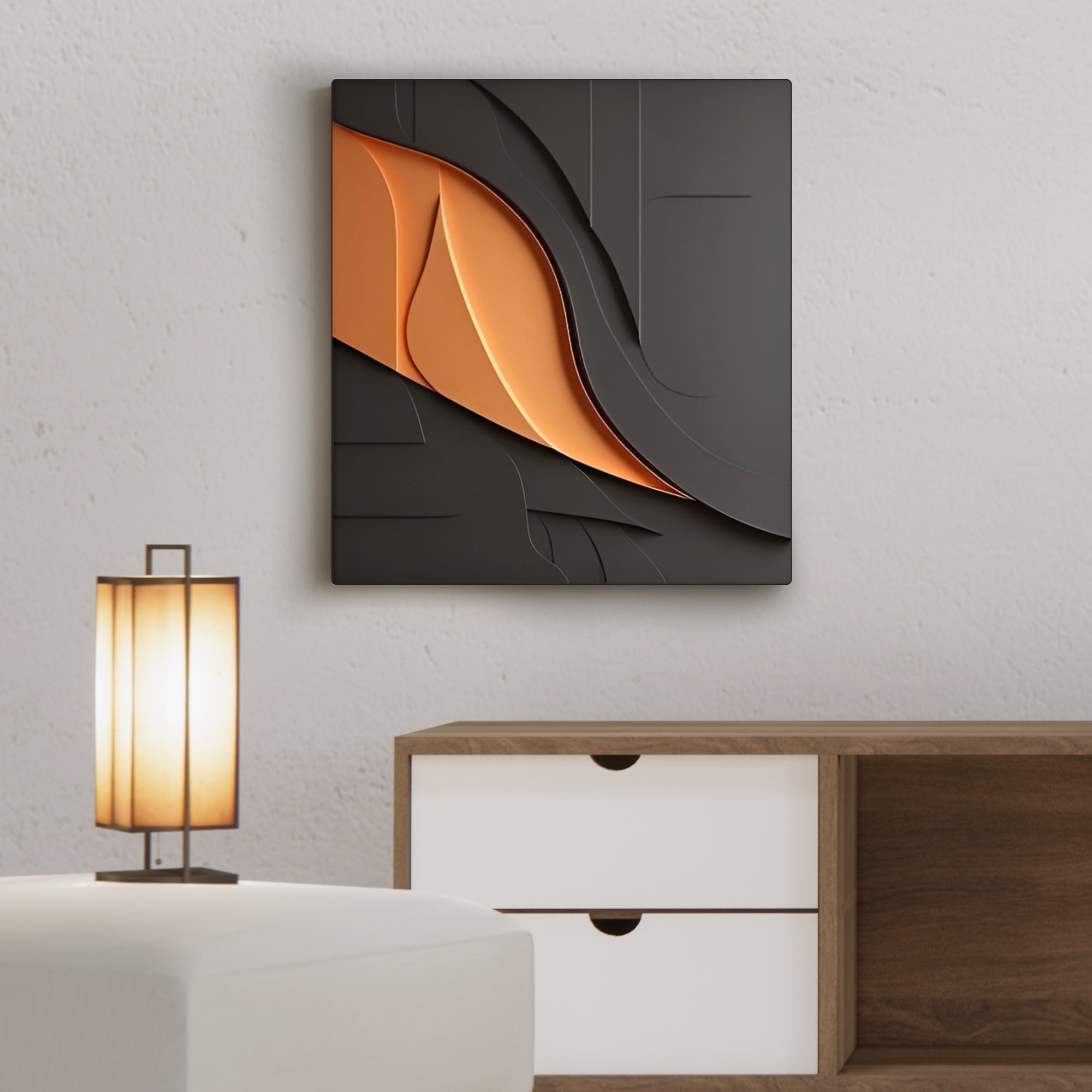 Modern 3D Wall Art Panel with Black and Orange Abstract Design