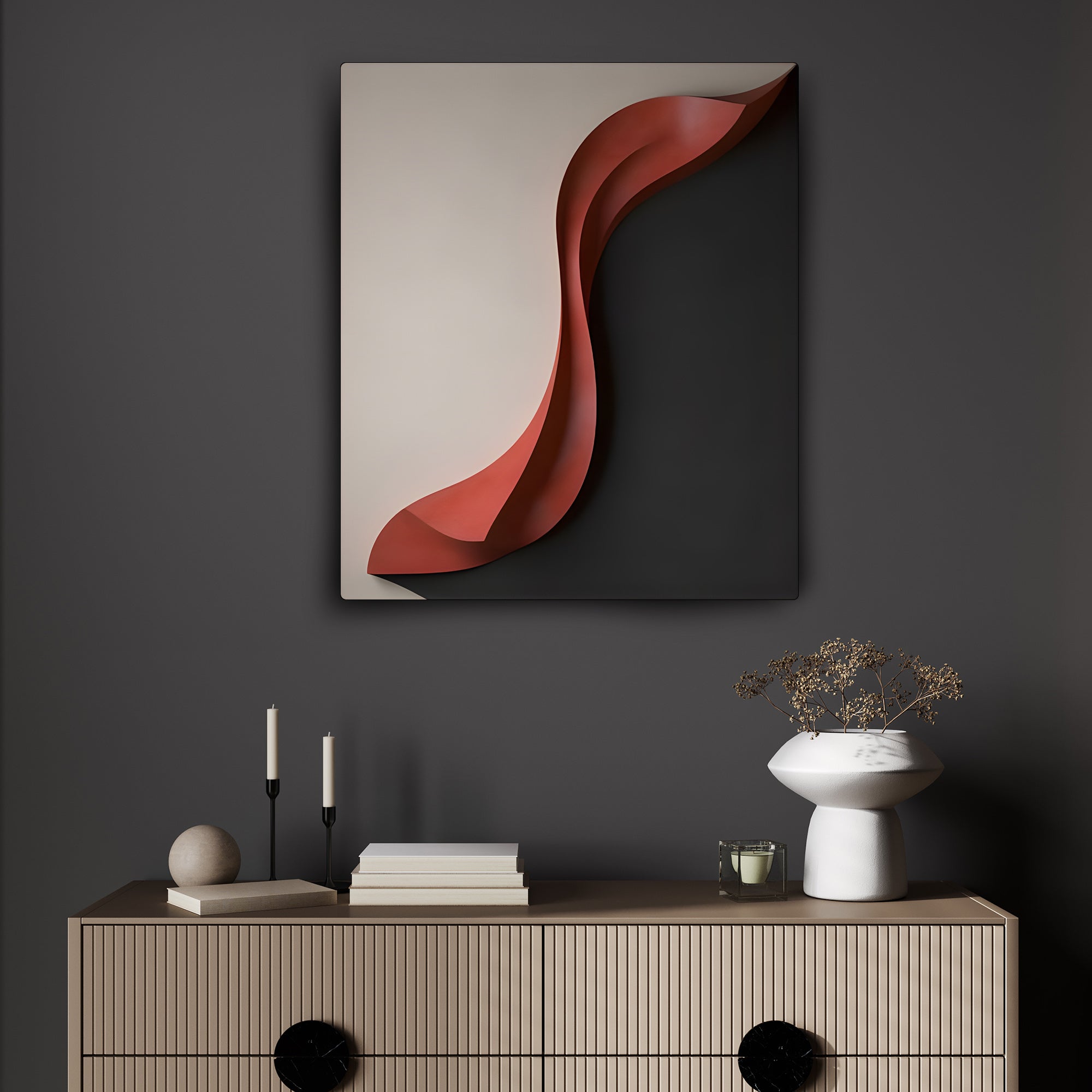 Modern 3D Wall Art Panel with Red Wave on Black and White Background