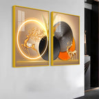 Modern Abstract Golden Deer Acrylic Art Floating Wall Painting Set Of 2