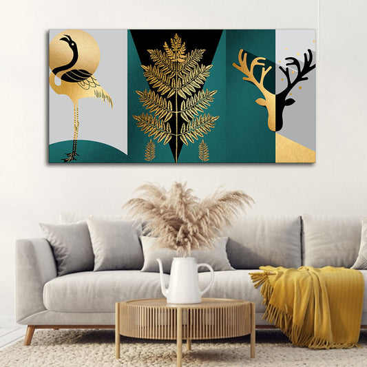 Modern Abstract Golden Leaf Flamingo Deer Antlers Canvas Wall Painting