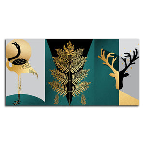 Modern Abstract Golden Leaf Flamingo Deer Antlers Canvas Wall Painting