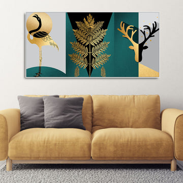 Modern Abstract Golden Leaf Flamingo Deer Antlers Canvas Wall Painting