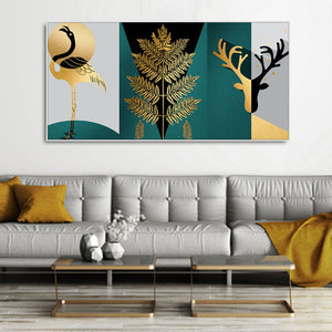 Modern Abstract Golden Leaf Flamingo Deer Antlers Canvas Wall Painting