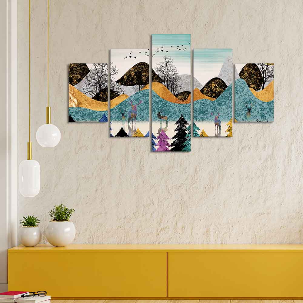 Modern Art Forest Premium Wall Painting Five Pieces Set