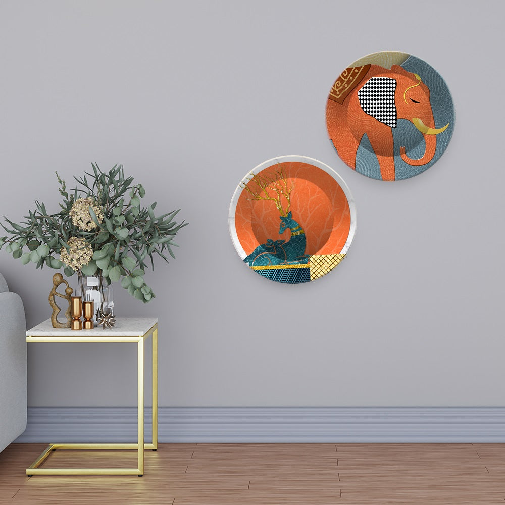 Modern Art of Elephant Wall Hanging Plates of Two Pieces