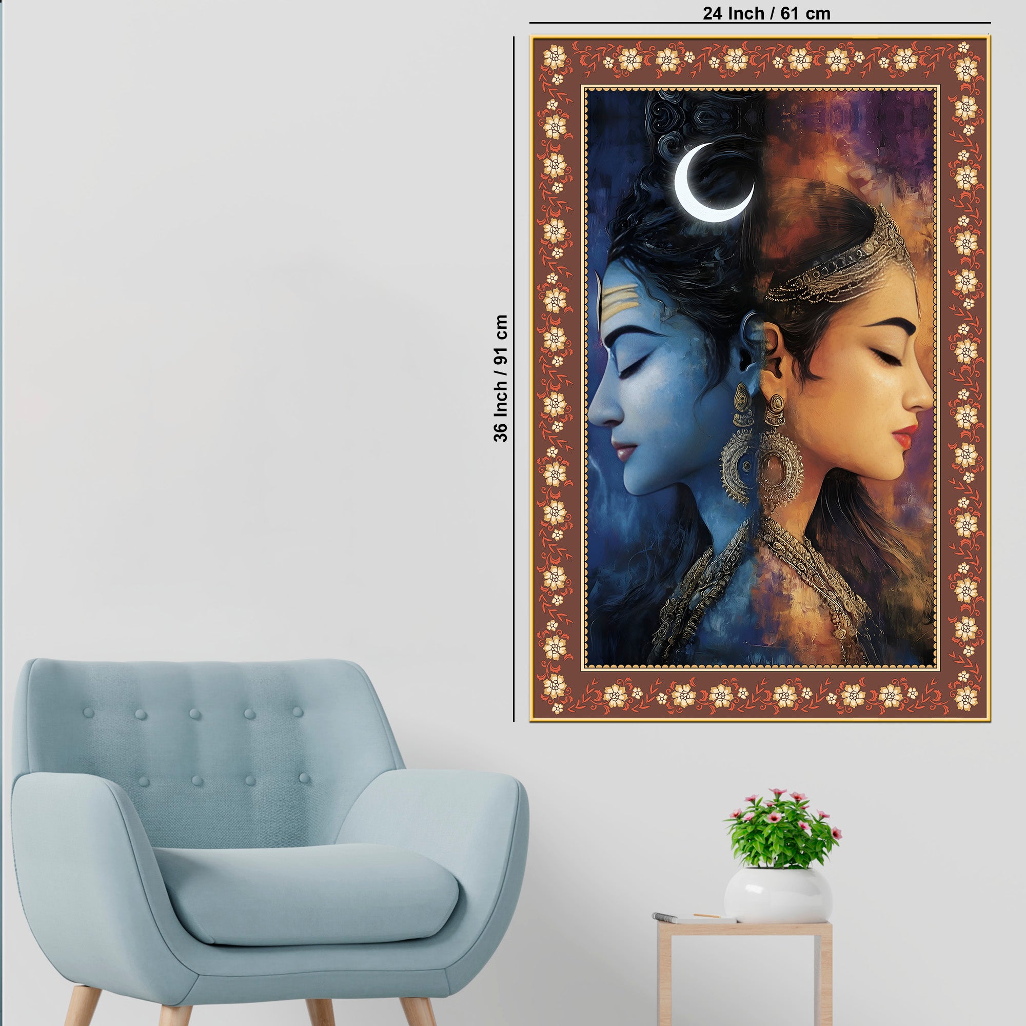 Modern Art Shiva Parvati Floral Border Vertical Wall Painting