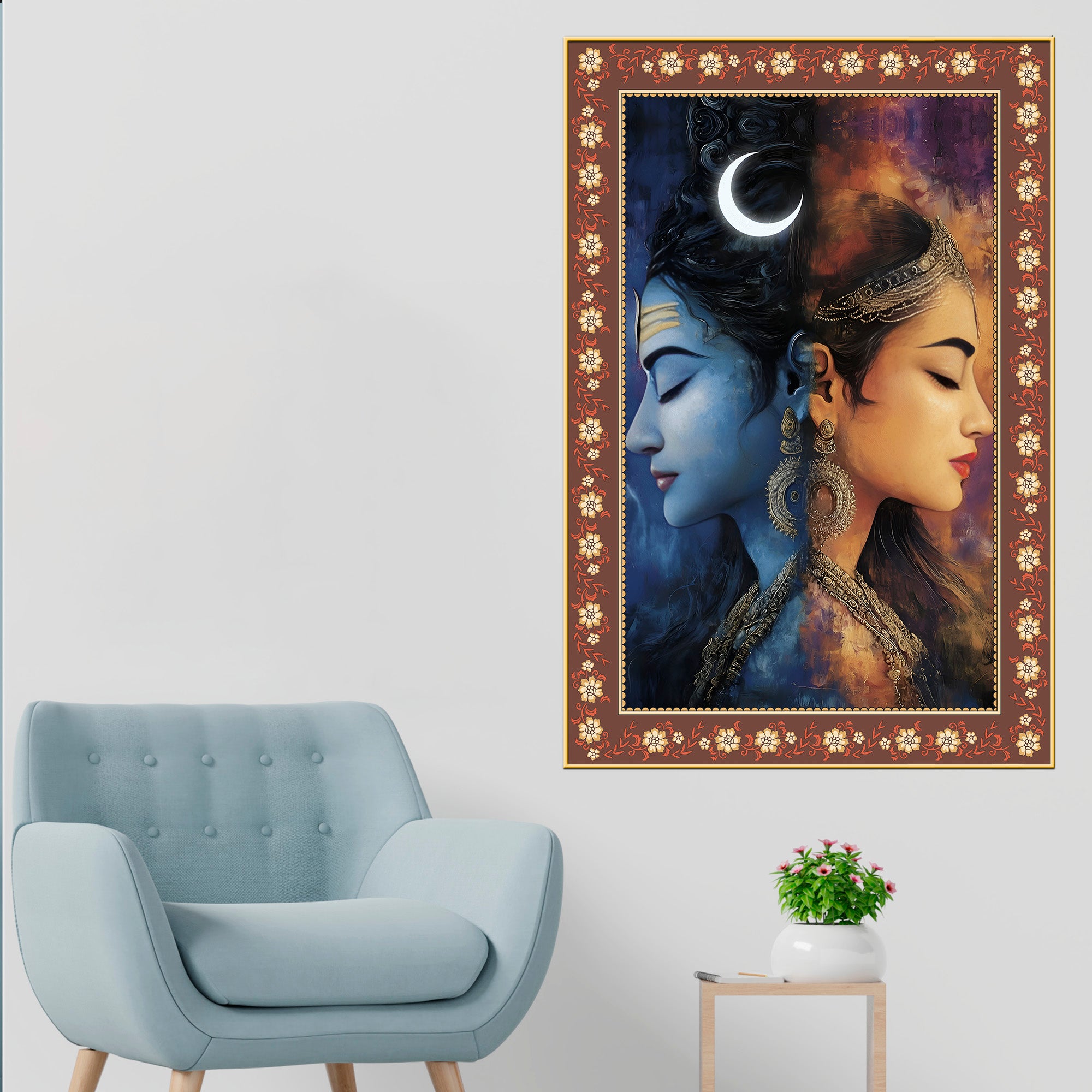 Modern Art Shiva Parvati Floral Border Vertical Wall Painting