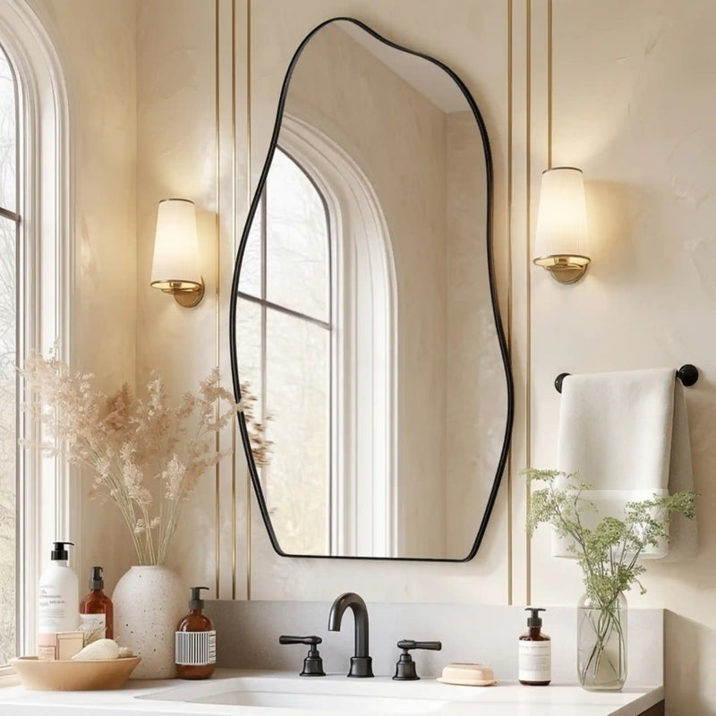 Modern Asymmetrical Wall Mirror with Black Frame for Bathroom