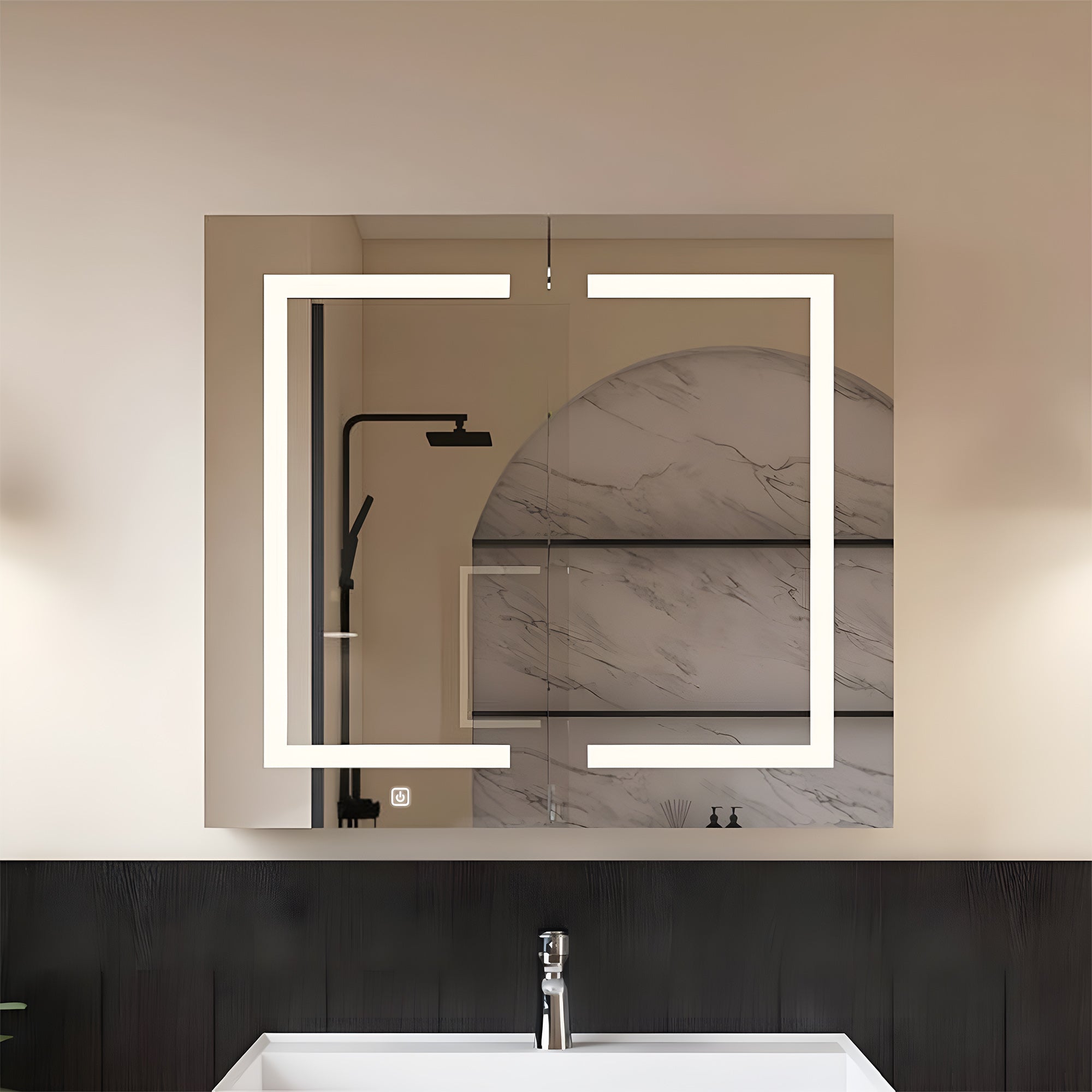 Modern Bathroom Cabinet Mirror with Artistic LED Pattern and Storage