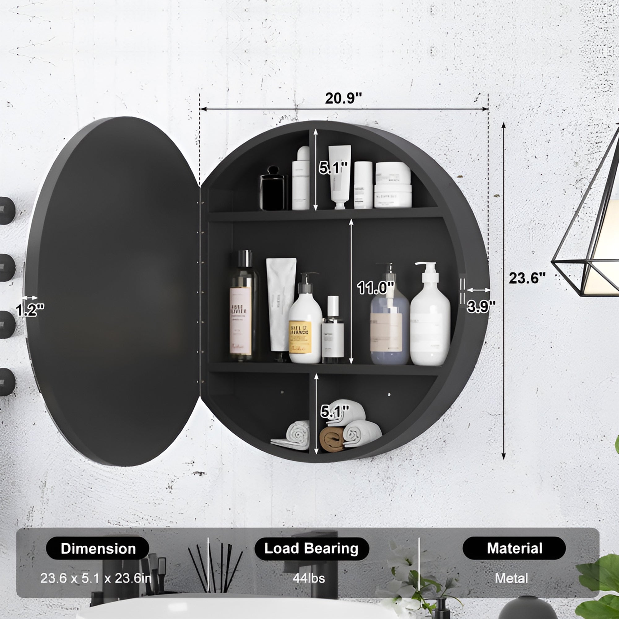 Modern Bathroom Round Mirror Cabinet with LED Rim and Organizer Space