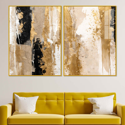 Modern Beige and Golden Texture Abstract Acrylic Acrylic Floating Wall Painting Set of 2