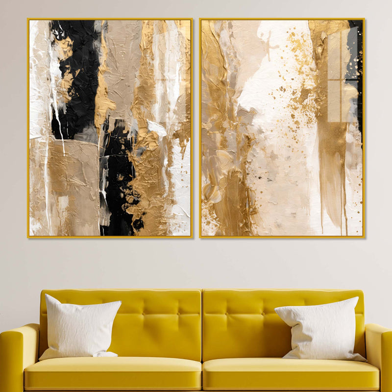 Modern Beige and Golden Texture Abstract Acrylic Acrylic Floating Wall Painting Set of 2