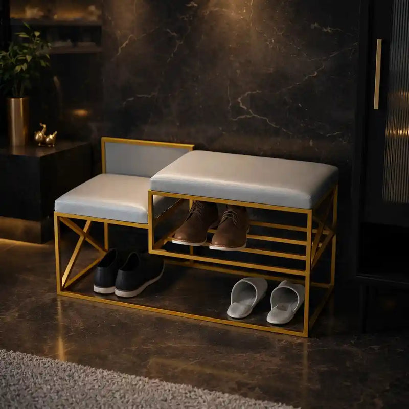 Modern Bench Gray Velvet with Shoe Organizer Rack