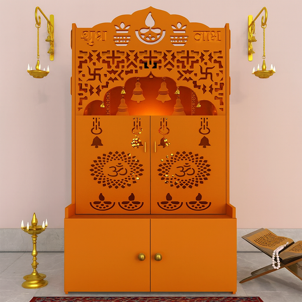 Modern Bhagwa Wooden Floor Pooja Mandir with Doors Laser-Cut Om & Diya Design with Storage Cabinet