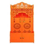 Modern Bhagwa Wooden Floor Pooja Mandir with Doors Laser-Cut Om & Diya Design with Storage Cabinet