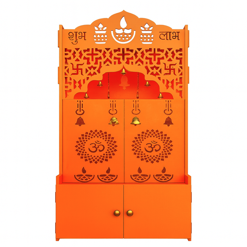 Modern Bhagwa Wooden Floor Pooja Mandir with Doors Laser-Cut Om & Diya Design with Storage Cabinet