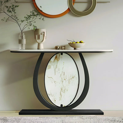 Modern Black Console Table Featuring Oval Marble Inlay and Curved Design