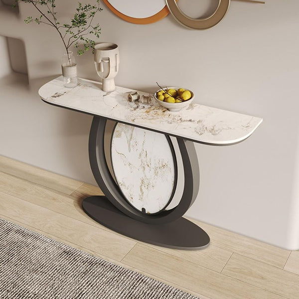 Modern Black Console Table Featuring Oval Marble Inlay and Curved Design