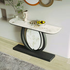 Modern Black Console Table Featuring Oval Marble Inlay and Curved Design