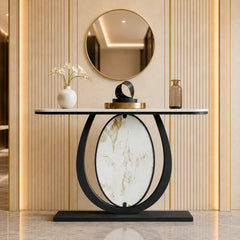 Modern Black Console Table Featuring Oval Marble Inlay and Curved Design