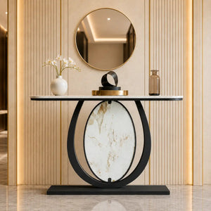 Modern Black Console Table Featuring Oval Marble Inlay and Curved Design