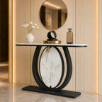 Modern Black Console Table Featuring Oval Marble Inlay and Curved Design