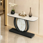 Modern Black Console Table Featuring Oval Marble Inlay and Curved Design