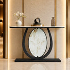 Modern Black Console Table Featuring Oval Marble Inlay and Curved Design