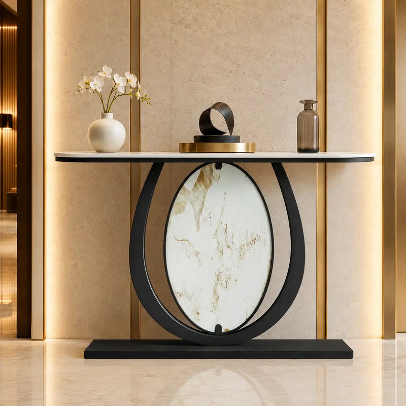 Modern Black Console Table Featuring Oval Marble Inlay and Curved Design